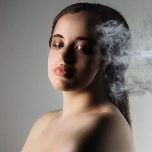 Prompt: A beautiful young woman, smoke, double exposure, medium shot, studio lighting,