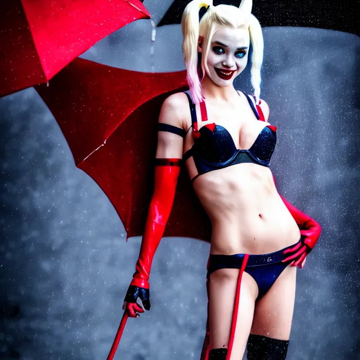 Image similar to fully body pose, photo of a very beautiful!! victoria secret model harley quinn, raining, 8 k, hdr, smooth, sharp focus, high resolution, award - winning photo, trending on artstation, dslr, 5 0 mm