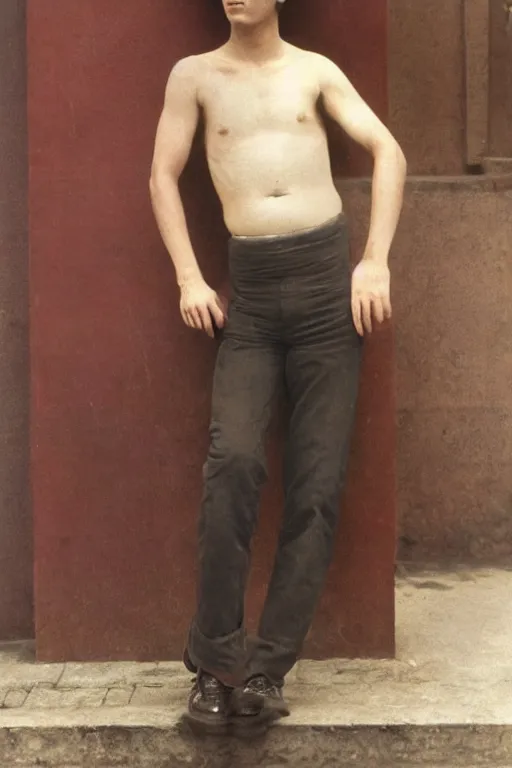 Image similar to Full-length portrait of a handsome!! clean shaven young pregnant male on the streets of Singapore, historically reliable photo chronicle, 1975, ultra detailed digital art, octane render, 4K, by John William Waterhouse and Edwin Longsden Long and Theodore Ralli and Nasreddine Dinet