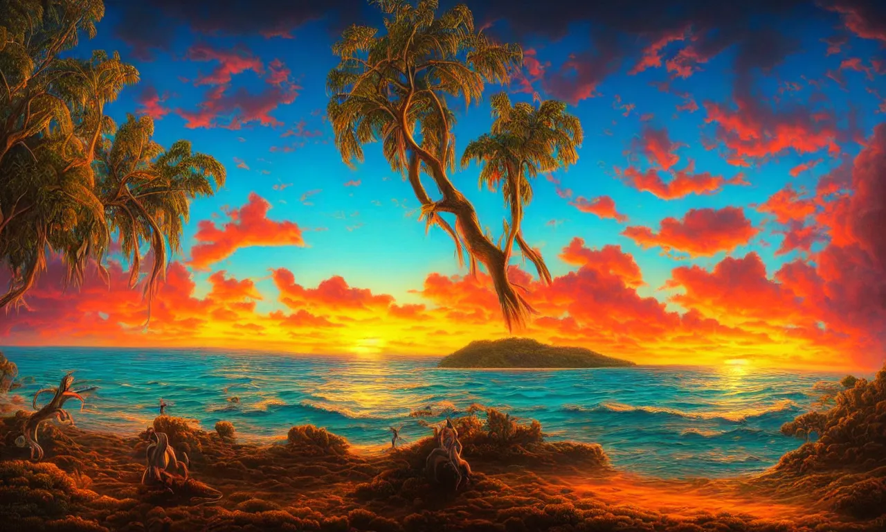 Image similar to Beautiful Australian island sunset, Mark Ryden style, vivid colors, high details, cinematic, 8k resolution, beautiful detailed, photorealistic, digital painting, happy vibes, artstation, concept art, smooth, sharp focus, illustration, fantasy background, artstation trending, octane render, unreal engine