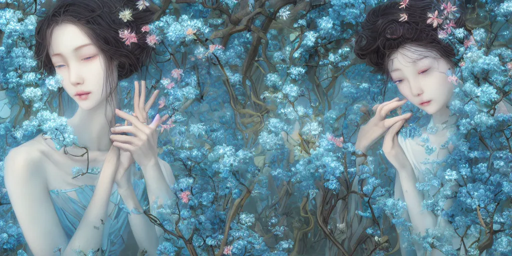 Prompt: breathtaking detailed concept art painting of in love goddesses of light blue flowers, orthodox saint, with anxious, piercing eyes, ornate background, amalgamation of leaves and flowers, by Hsiao-Ron Cheng, James jean, Miho Hirano, Hayao Miyazaki, extremely moody lighting, 8K