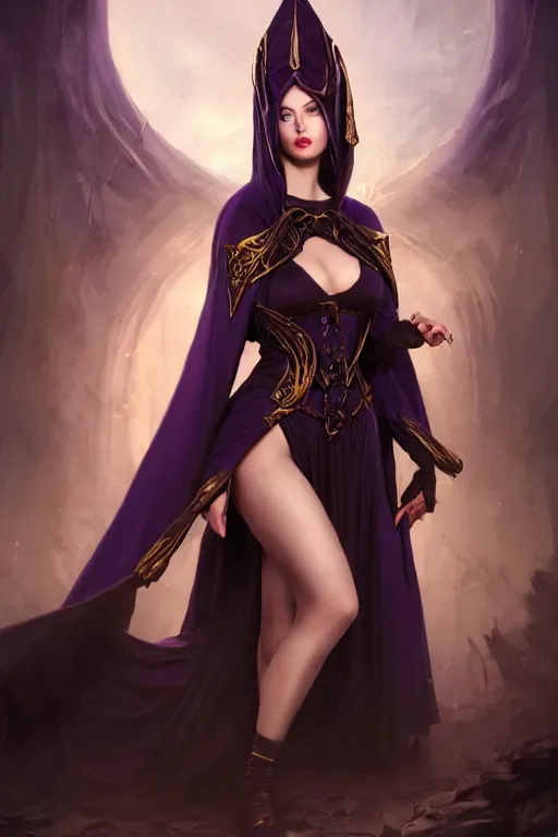 Prompt: Fantasy portrait, Necromancer, female, gorgeous, beautiful face, dark garments, dark pruple robes, gold bracelet, Black cloak from neck to ankles, pantyhose, kiss, pin-up, shapely toned derriere, matte painting, by WLOP, Frank Franzzeta and Sakimichan, artstation