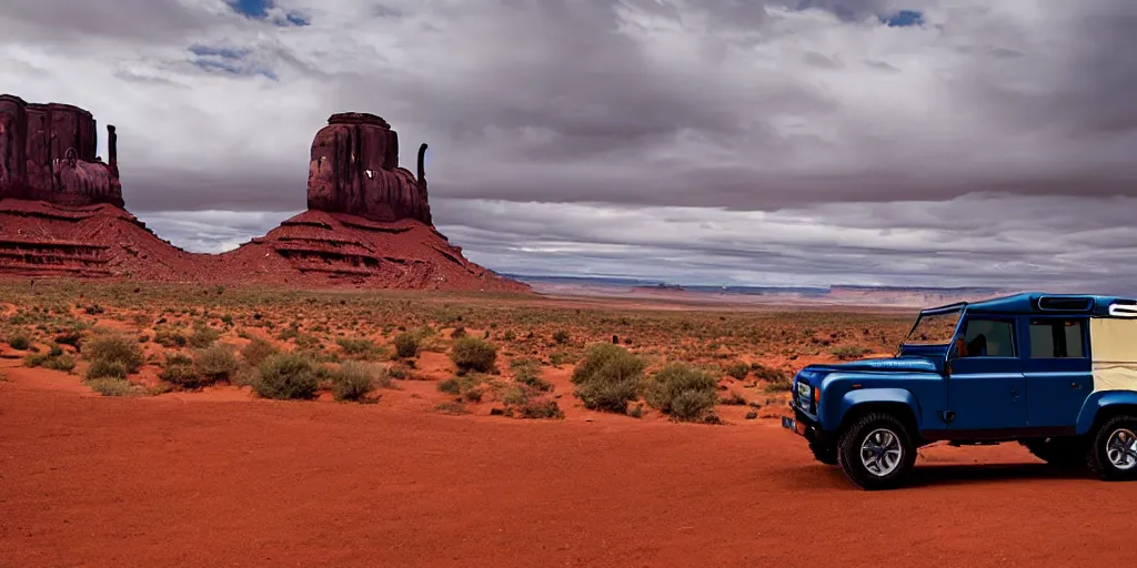Image similar to a vintage Land Rover Defender drives within a dramatic vista in Monument Valley, cinematic sky and light