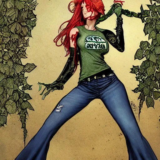 Image similar to a beautiful and detailed matte painting of a poison ivy dressed casually in jeans and a nirvana t - shirt from hot topic, food court in a mall, dark eyeliner, intricate, elegant, highly detailed, digital painting, artstation, concept art, matte, sharp focus, illustration, art by rebecca guay and by arthur rackham and by alphonse mucha and by john william waterhouse