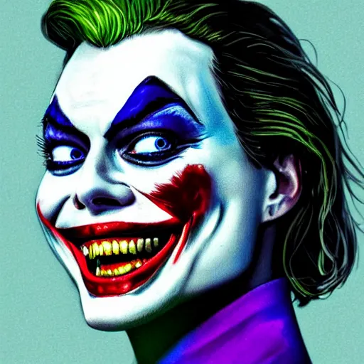 Image similar to margot robbie as the joker, highly detailed, realistic face, digital art