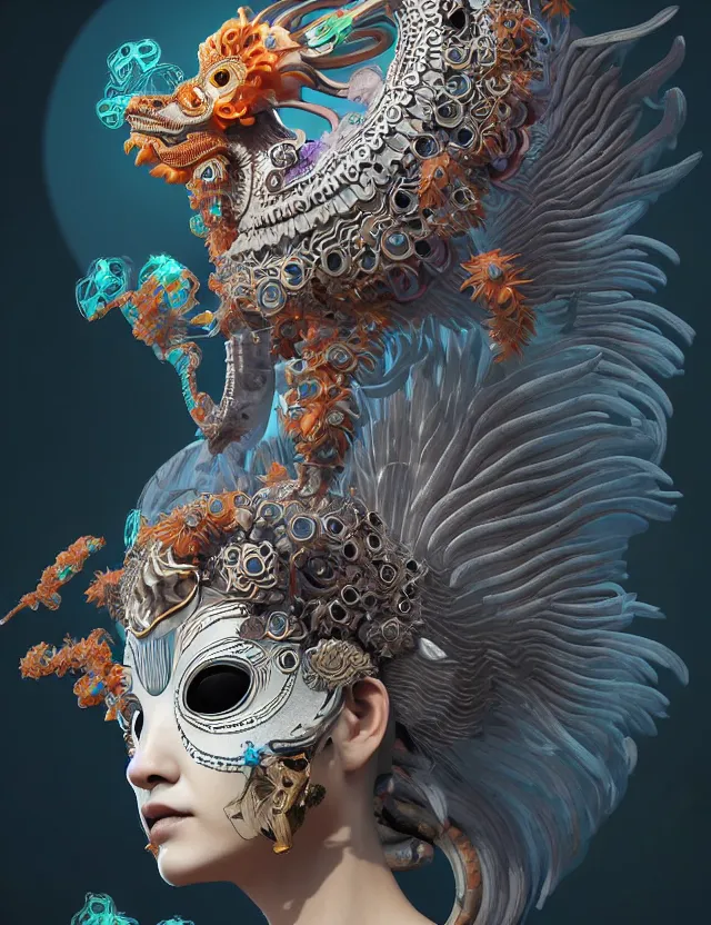 Image similar to 3 d goddess close - up profile solarpunk portrait ram skull. beautiful intricately detailed japanese crow kitsune mask and clasical japanese kimono. betta fish, jellyfish phoenix, bio luminescent, plasma, ice, water, wind, creature, artwork by tooth wu and wlop and beeple and greg rutkowski