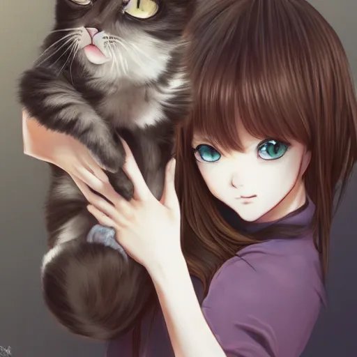 Prompt: girl holding a cat, digital art, anime style, by Yoshitaka Amano, trending on pixiv, 4k, highly detailed