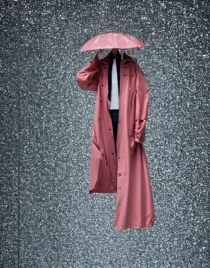 Image similar to close - up portrait of an empty slick fashionable zara raincoat floating suspended mid - air on a glittering wet rainy display designed by olafur eliason, james turrell, shot by wes anderson, lily frank, symmetry, rule of thirds