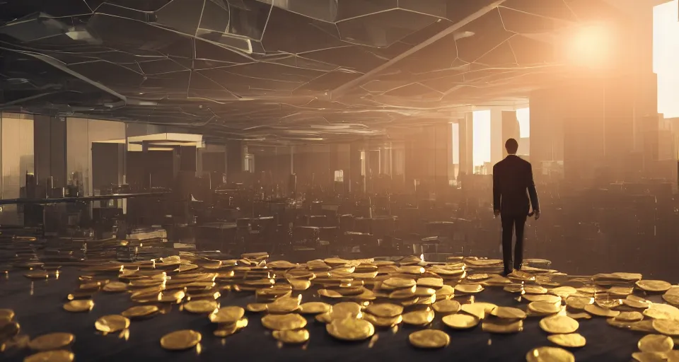 Image similar to Dramatic photo of a CEO, with his back towards the camera, waving to a large group of his coworkers in the background inside a futuristic office. Golden coins are levitating all around them. 8k, high detail, trending on Artstation, volumetric lighting, cyberpunk