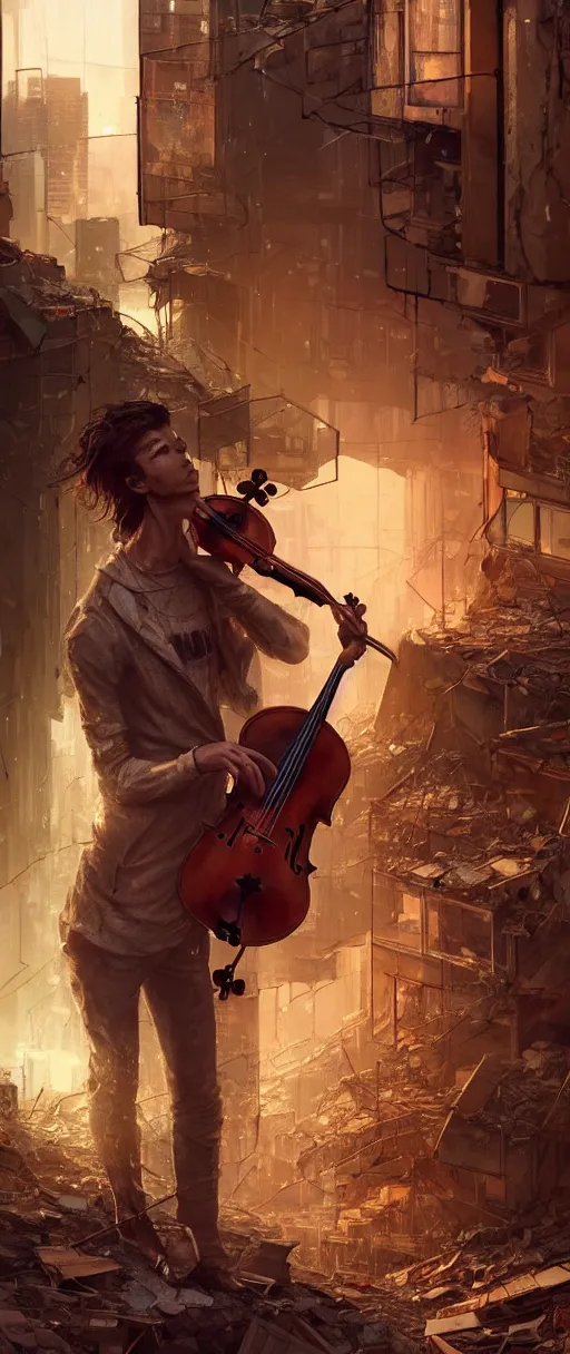 Prompt: a highly detailed portrait of a singular cellist playing in the rubble of a fallen building in a cyberpunk city, beautifully lit, concept art, sharp focus, in the style of steve argyle, artstation HD, artgerm, octane render