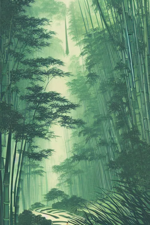 Prompt: a road into the mountains, lush bamboo forest in the rain,waterfalls, caustics, by feifei ruan, victo nagai, Alphonse Mucha, Eyvind Earle and kawase hasui, trending on artstation.