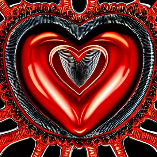 Prompt: a chrome carved heart, highly detailed, intricate artwork, graphic style of Patrick Gleason very coherent symmetrical artwork, depth of field, bokeh, red color