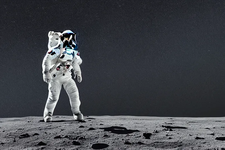 Image similar to still photo of astronaut in a space suit walking on the surface of moon, black and white color aesthetics, highly detailed, photorealistic portrait, bright studio setting, studio lighting, crisp quality and light reflections, unreal engine 5 quality render