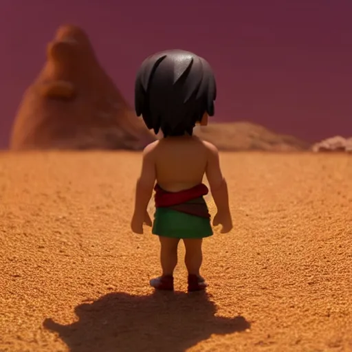 Image similar to profile view of young aladdin as nendoroid walking in a desert in the croods movie style, anime, disney, pixar, 8 k, hd, dof, kodak film, volumetric lighting, subsurface scattering, photorealistic, octane render, details