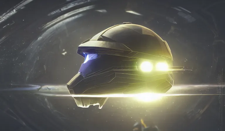 Image similar to cyberpunk halo helmet floating in space with light reflection, close shot, 8k, cinematic, epic, ultra detailed, award winning, trending on artstationHD, dramatic