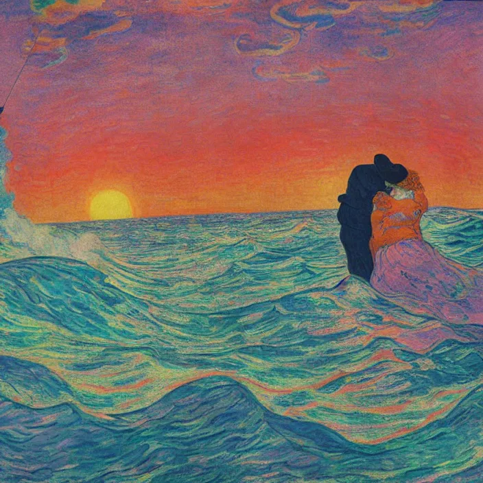 Image similar to close view of woman and man kissing.. tsunami great wave, sun setting through the storm clouds. iridescent, vivid psychedelic colors. painting by munch, agnes pelton, egon schiele, henri de toulouse - lautrec, utamaro, monet