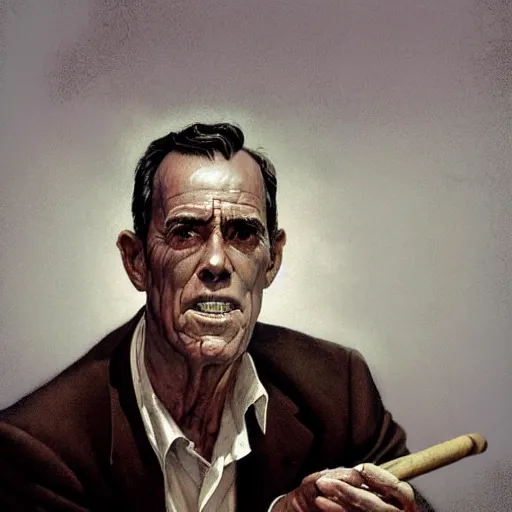 Prompt: a highly detailed epic cinematic concept art CG render digital painting artwork costume design: Henry Fonda as a 1950s tired disillusioned poet, barefoot, smoking a cigar. volumetric lighting. By Greg Rutkowski, in the style of Francis Bacon and Syd Mead and Norman Rockwell and Beksinski, open ceiling, highly detailed, painted by Francis Bacon and Edward Hopper, painted by James Gilleard, surrealism, airbrush, Ilya Kuvshinov, WLOP, Stanley Artgerm, very coherent, triadic color scheme, realistic facial expression, art by Takato Yamamoto and James Jean