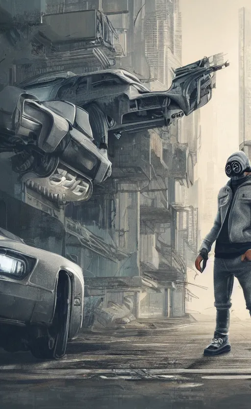 Image similar to wolf gang, cyberpunk, gray hoodie, group photo, old car, abandoned warehouse, weapon, drugs, flex position, grey bandana, gasmask, non fiction stability, intricate, elegant, 8 k, uhd, justify, artstation, concept art, matte, sharp focus, illustration, consistent, highly detailed object content, proportional object content