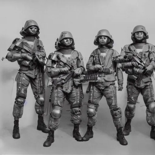 Image similar to a squad of futuristic soldiers posing for a group photo in a spaceship