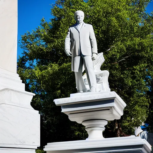 Image similar to professional photograph of a white marble statue of joe biden in washington dc, 8 k, very detailed, very intricate, dslr,