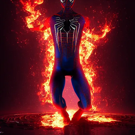 Image similar to concept render of a spiderman made of fire by cedric peyravernay and leon tukker