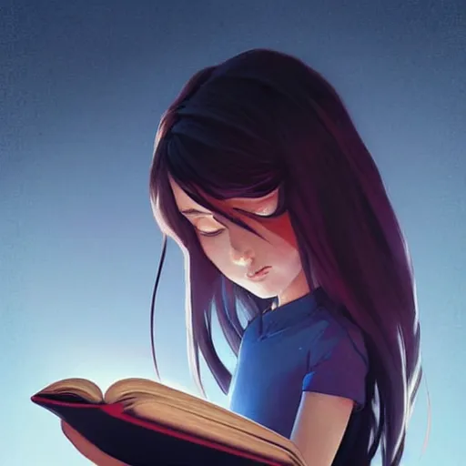 Image similar to a pixar girl reading a book, long hair flowing down, symmetrical!, style of by Jordan Grimmer and greg rutkowski, crisp lines and color,