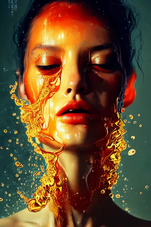 Prompt: 3 d, crying fashion model, flame, liquid water, night, vogue cover style, poster art, high detail, intricate oil painting, multiple exposure, hell mood, hyperrealism, 3 d, by tooth wu and wlop and beeple and greg rutkowski