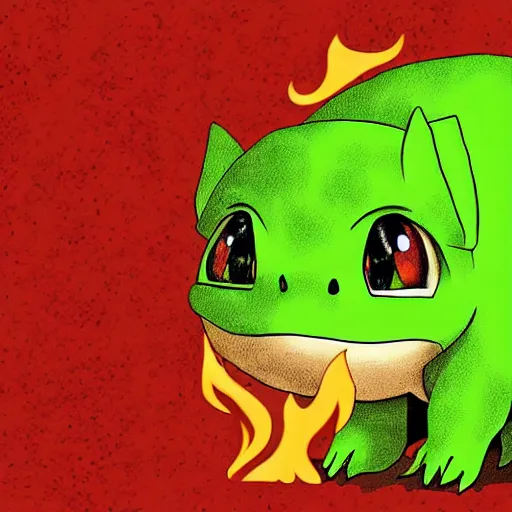 Image similar to a bulbasaur with fire powers, digital art, realistic,lava background