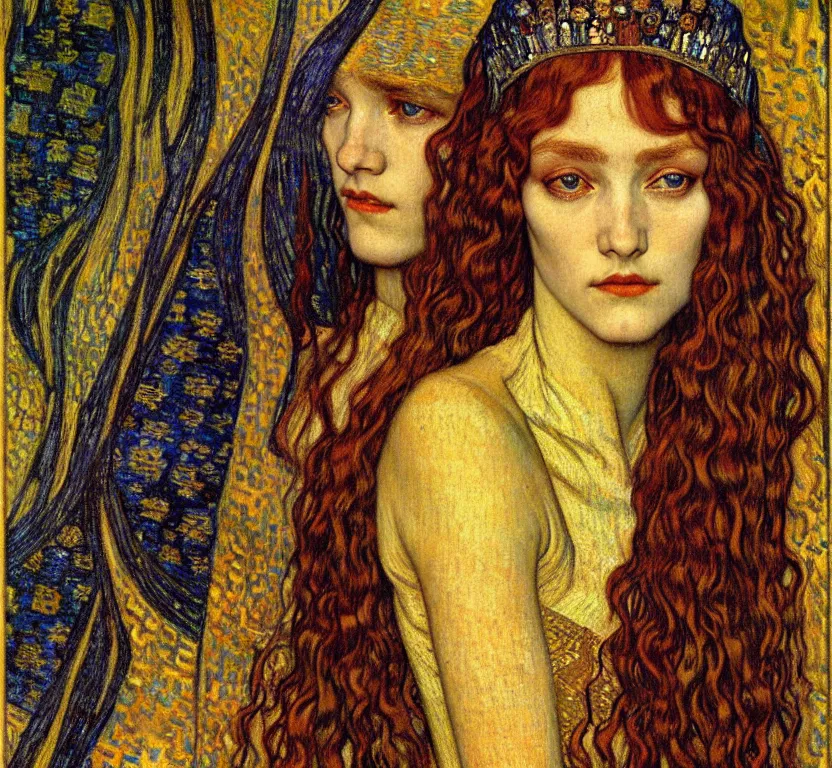 Image similar to detailed realistic beautiful young medieval queen face portrait by jean delville, gustav klimt and vincent van gogh, art nouveau, symbolist, visionary, gothic, pre - raphaelite, muted earthy colors, desaturated