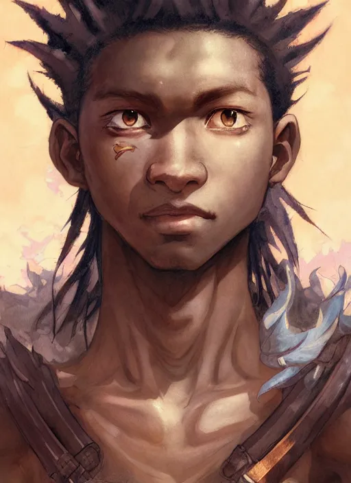 Prompt: prompt : ragnarok online portrait soft light painted by james jean and katsuhiro otomo and erik jones, epic fantasy, a young long haired peasant boy with dark skin, brown skin, a dark complexation in plain fantasy clothing with intelligent eyes, intricate oil painting, high detail illustration, sharp high detail, manga and anime 1 9 9 9