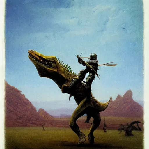 Image similar to a knight riding a dinosaur in full armor, beksinski