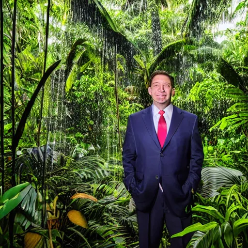 Image similar to 4 k hdr full body wide angle sony portrait of ron desantis in a tropical bali jungle shower with moody stormy overcast lighting