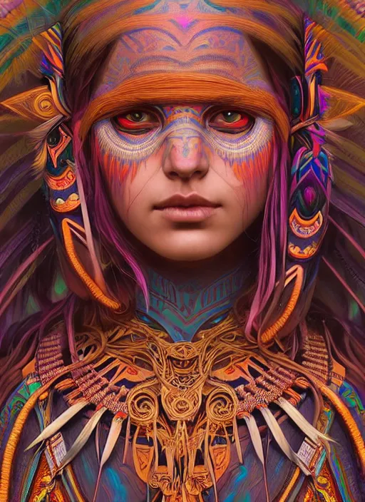 Prompt: hyper detailed ultra sharp of a beautiful tribal shaman trance girl. trending on artstation, warpaint aesthetic, earthwave, colorful, psychedelic, ornate, intricate, digital painting, concept art, smooth, sharp focus, illustration, art by artgerm and greg rutkowski and alphonse mucha, 8 k