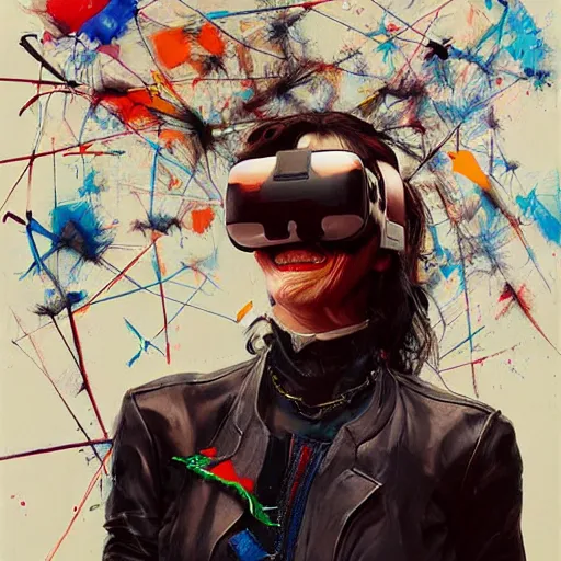 Image similar to grinning woman in a vr headset wearing leather outfit, dynamic energic pose, cyberpunk in the style of adrian ghenie, esao andrews, jenny saville, surrealism, dark art by james jean, takato yamamoto