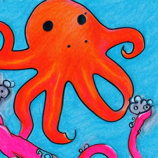 Image similar to super basic drawing of a pig - octopus, weeds, crayon on paper