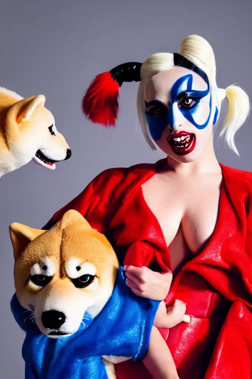 Image similar to lady gaga dressed as harley quinn attacked by plush shiba inu, plush toy, luxury materials, symmetrical, cinematic, elegant, professional studio light, real dlsr photography, sharp focus, 4 k, ultra hd, sense of awe, high fashion