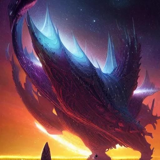 Image similar to matte digital artwork of the galactic beast, iridescent scales, by greg rutkowski and tim white