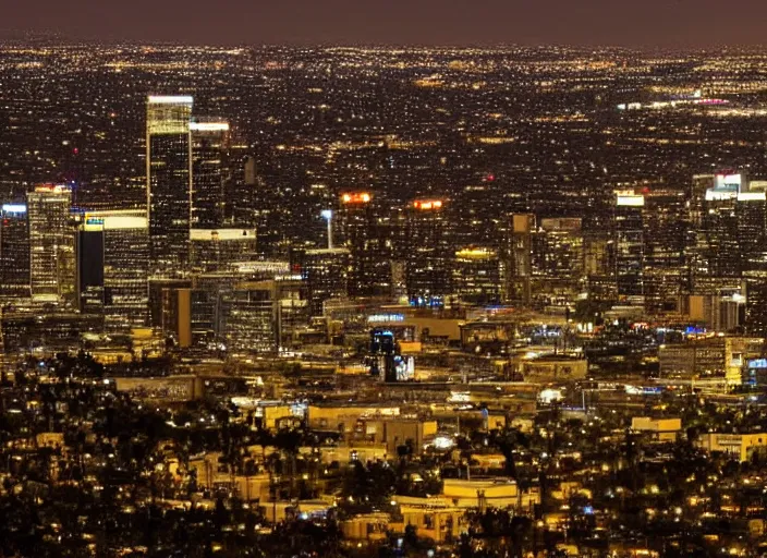 Image similar to a sprawling building complex in los angeles at night. photo by james cameron