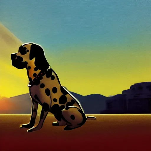 Prompt: gta filter, stylised oil painting of a dalmatian dog smoking with sunglasses, in the sunset, beautiful light,