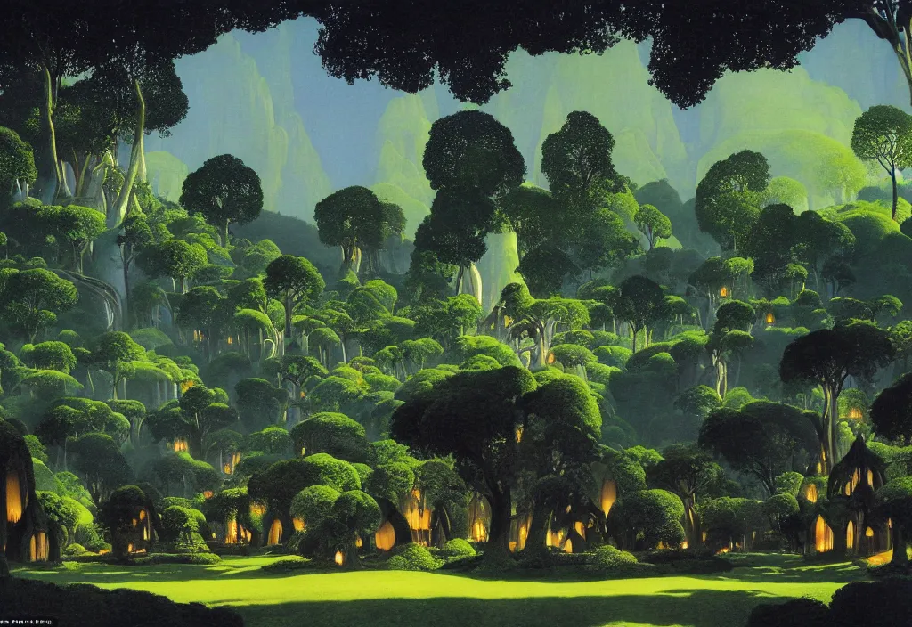 Prompt: Lothlorien at night, elven forest town with houses in the trees, as painted by Maxfield Parrish, Roger Dean