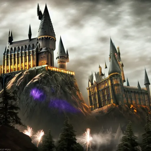 Image similar to hogwarts castle with fireworks and wizards flying on brooms in the night sky, volumetric lighting, 8 k octane beautifully detailed render, post - processing, extremely hyper - detailed, intricate, epic composition, cinematic lighting, masterpiece, trending on artstation, detailed detailed detailed, masterpiece, stunning art by anders zorn, wonderful masterpiece by greg rutkowski, beautiful cinematic light,