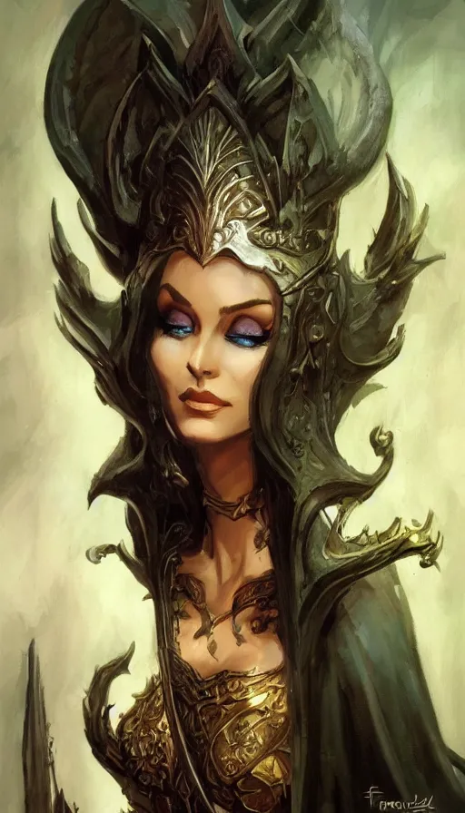 Image similar to elven queen character portrait by frank frazetta, fantasy, dungeons & dragons, sharp focus, beautiful, artstation contest winner, detailed