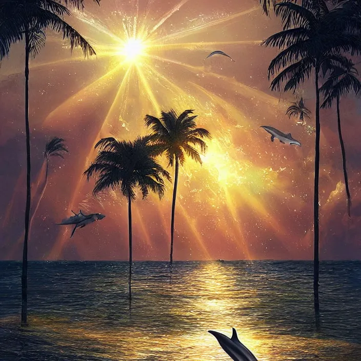 Image similar to dolphin swimming, golden hour, god rays, by artgerm and ismail inceoglu and greg olsen, palm trees, cosmos, milky way galaxy, masterpiece, beautiful, intricate, elegant, highly detailed