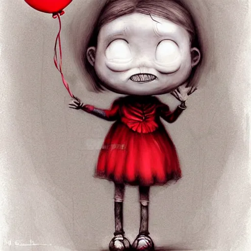 Image similar to surrealism grunge cartoon sketch of a sad little girlwith a wide smile and a red balloon by - michael karcz, loony toons style, horror theme, detailed, elegant, intricate