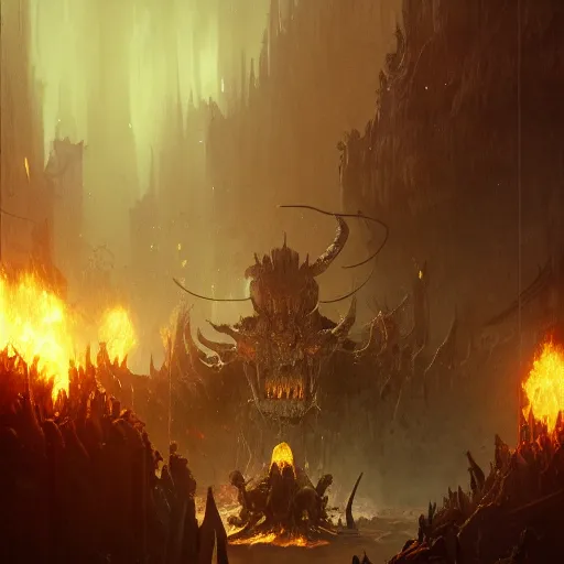 Image similar to medium shot of a demon overlord in the pits of hell, greg rutkowski, 8 k, shallow depth of field, intricate detail, concept art,