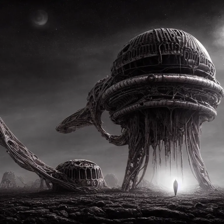 Image similar to ribbed surreal abandoned alien spaceship on exoplanet, covered in a desolate empty wasteland, creepy, nightmare, dream-like heavy atmosphere, surreal abandoned buildings, beautiful detailed intricate insanely detailed octane render trending on Artstation, 8K artistic photography, photorealistic, chiaroscuro, Raphael, Caravaggio, Beksinski, Giger