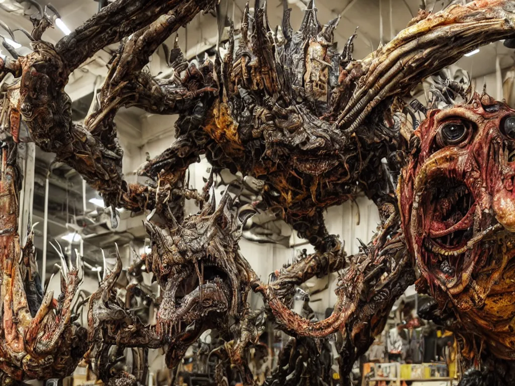 Image similar to photo taken of an epic intricate, ultra detailed, super realistic gritty, hero prop, exquisitely painted animatronic movie prop of a grotesque nightmarish hellish alien creature displayed in the workshop, created by weta workshop, full body shot, photorealistic, sharp focus