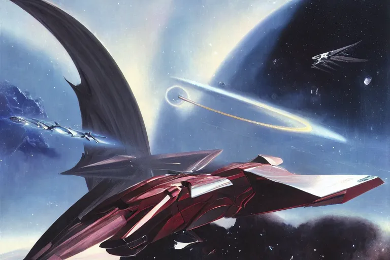 Prompt: gnostic space nebula by John Harris, framing a pteranodon mecha interceptor, small against the backdrop of space, white john berkey armor panels, wine-red and grey trim, robotech styling, with white Kanji markings outlined in black, boeing concept art painting, cinematic lighting, amazing lifelike cinematic photo render,