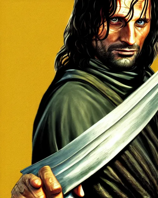 Prompt: Aragorn from Lord of the rings in GTA V, Cover art by Stephen Bliss, boxart, loading screen, 8K resolution