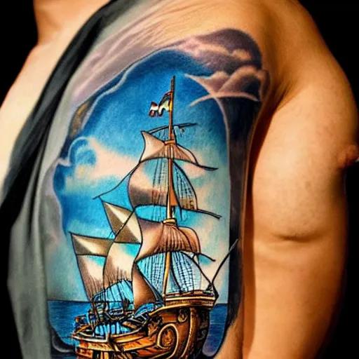 Image similar to a pirate ship sailing in the sea, realism tattoo design with amazing shades by david vega, clean white paper background